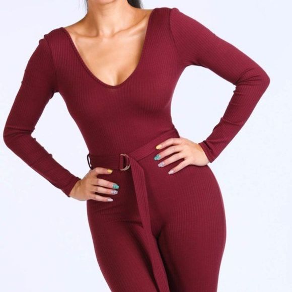 Burgundy Ribbed Knit Deep U Bodysuit - Picture 2 of 3